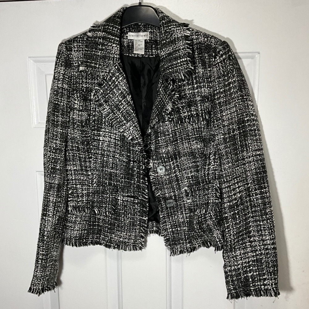 Newport News Womens Black White Tweed Fringe Blazer Jacket Size 8 Lurex Shimmer